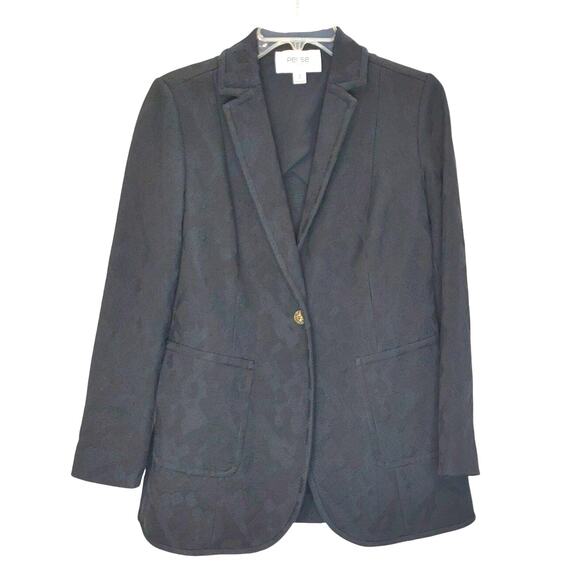 Per-Se Blazer Jacket Single Button Notch Textured Front Pockets Black Womens 2 - Picture 1 of 9